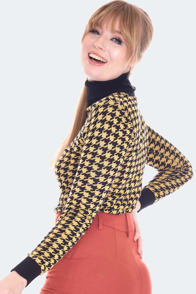Mustard And Black Houndstooth Rollneck Sweater