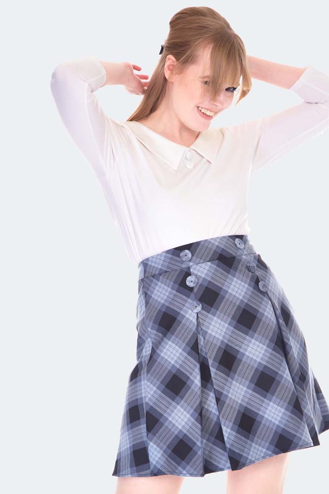 Button Detail Grey Tartan Skirt