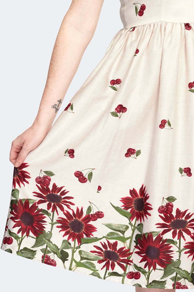Cherry Sunflower Border Print Flare Dress