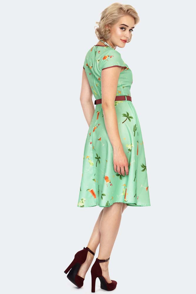 Cocktail Print Front Button Flare Dress