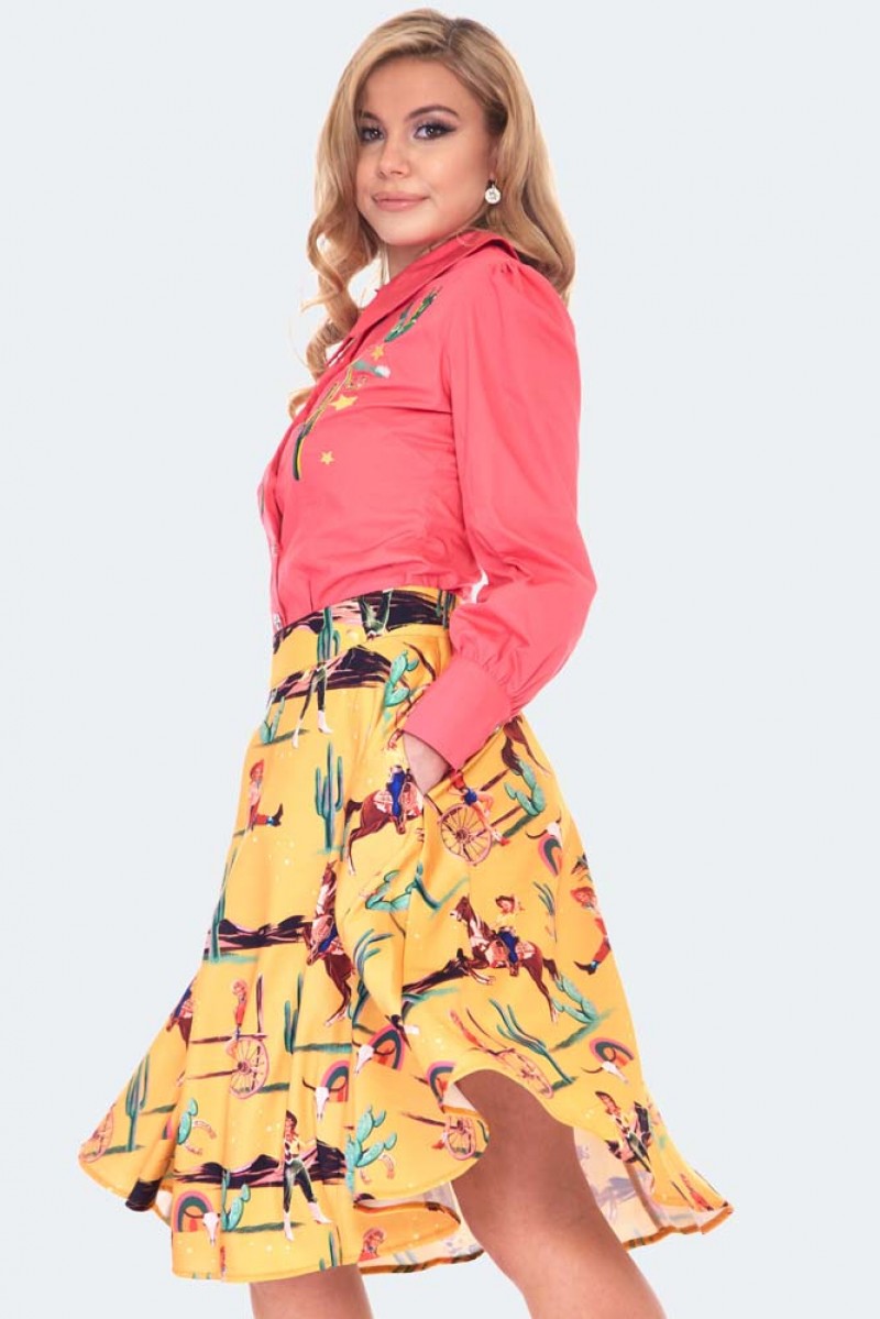 Retro Cowgirl Print Flare Curve Skirt