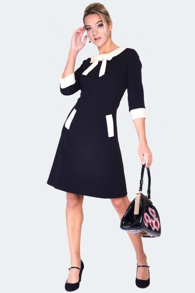 60s 3/4 sleeve constrast stripe black dress