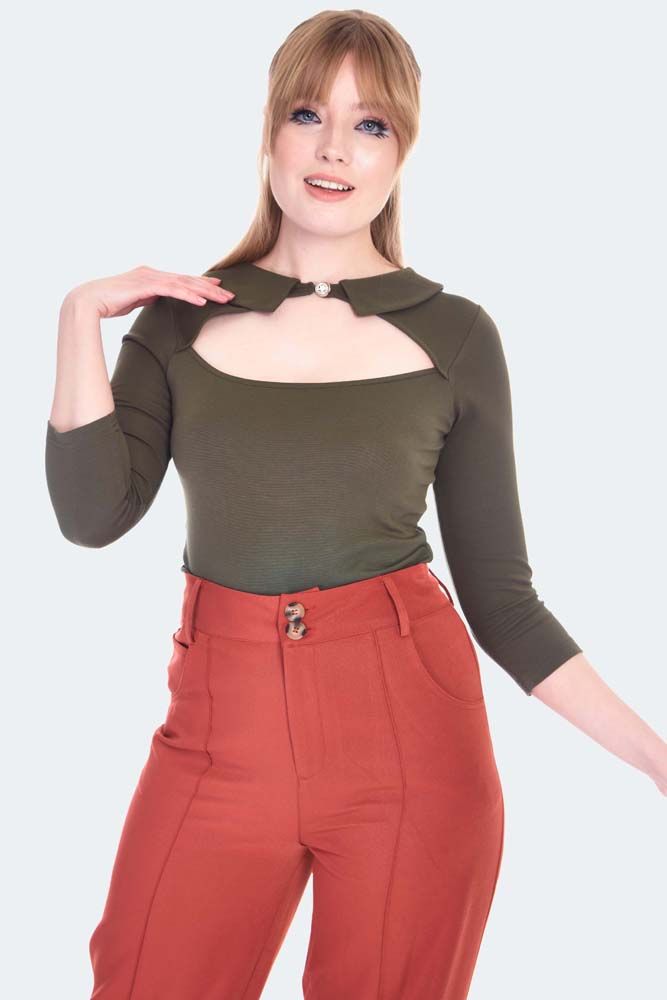 60s Style Green Cut Out Collared Top
