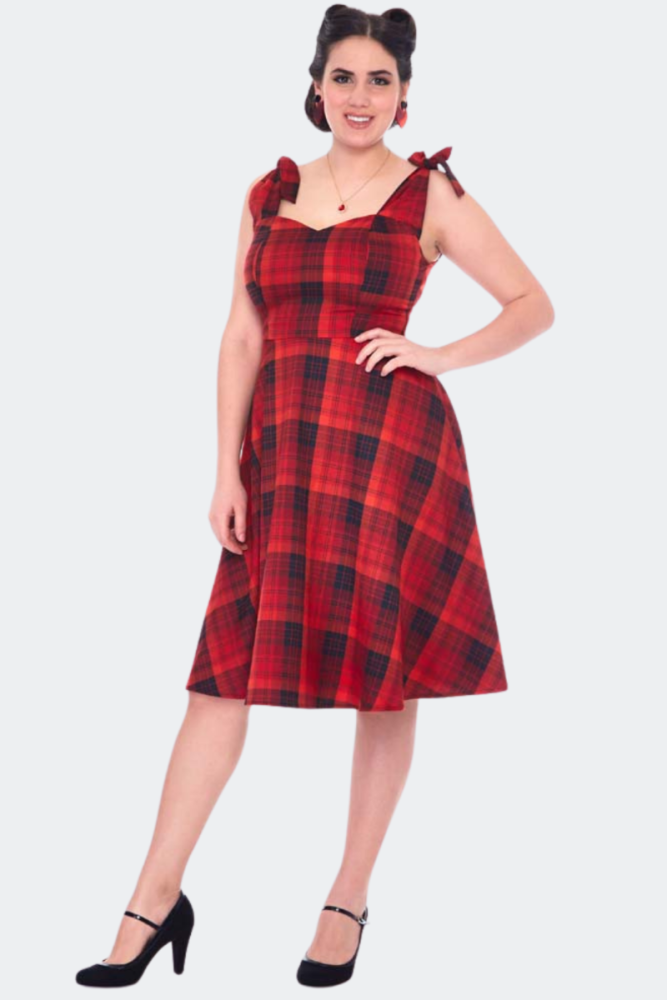 CHECKED TIE SHOULDER FLARE DRESS