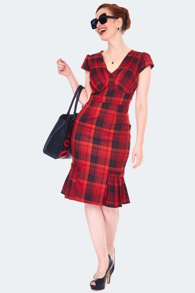 RED CHECKED PENCIL DRESS 