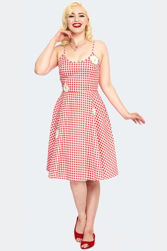 GINGHAM Floral Embroidered FLARE DRESS 