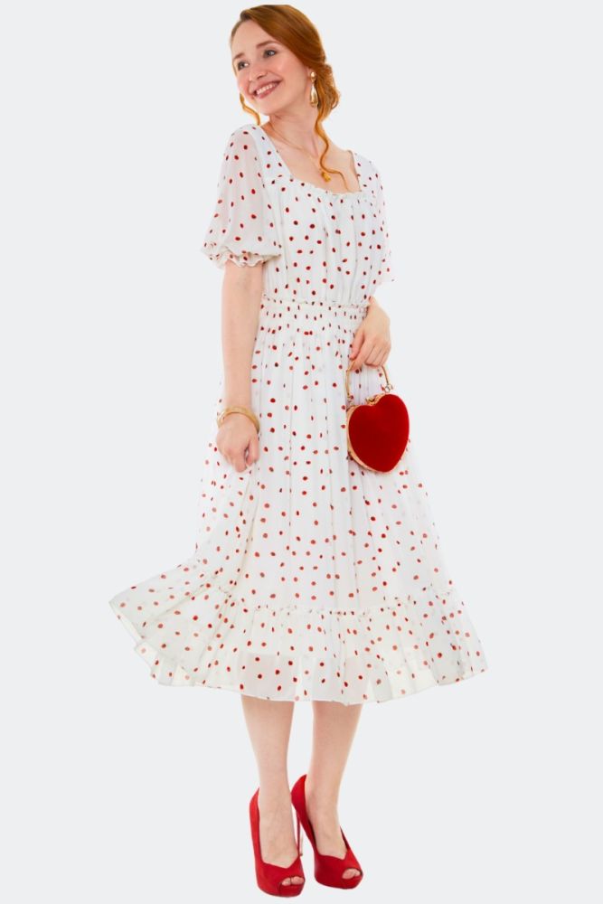 STRAWBERRY PUFF SLEEVES FLARE DRESS
