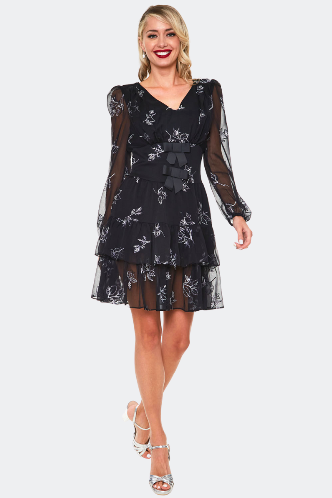 MESH FLORAL EMBROIDERY FLARE DRESS