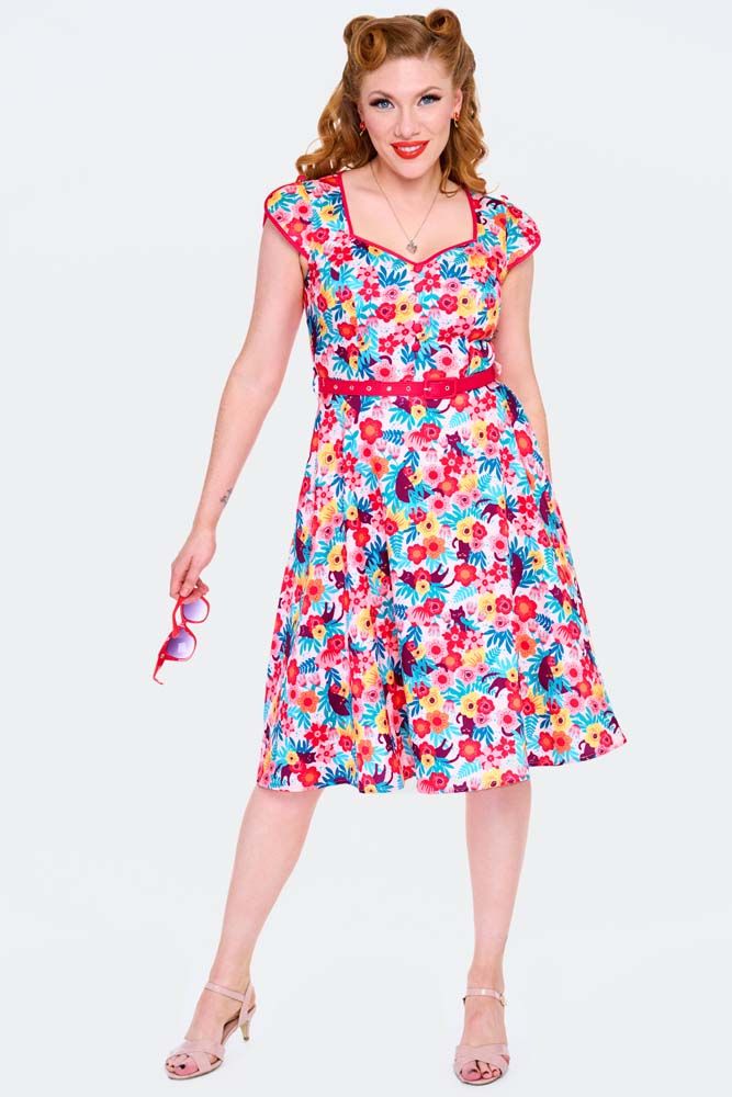 Floral Cats Print Flare Dress