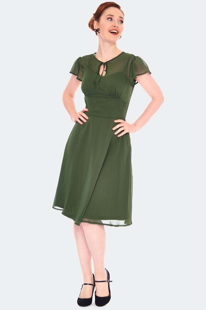 GREEN TIE NECK LACE FLARE DRESS