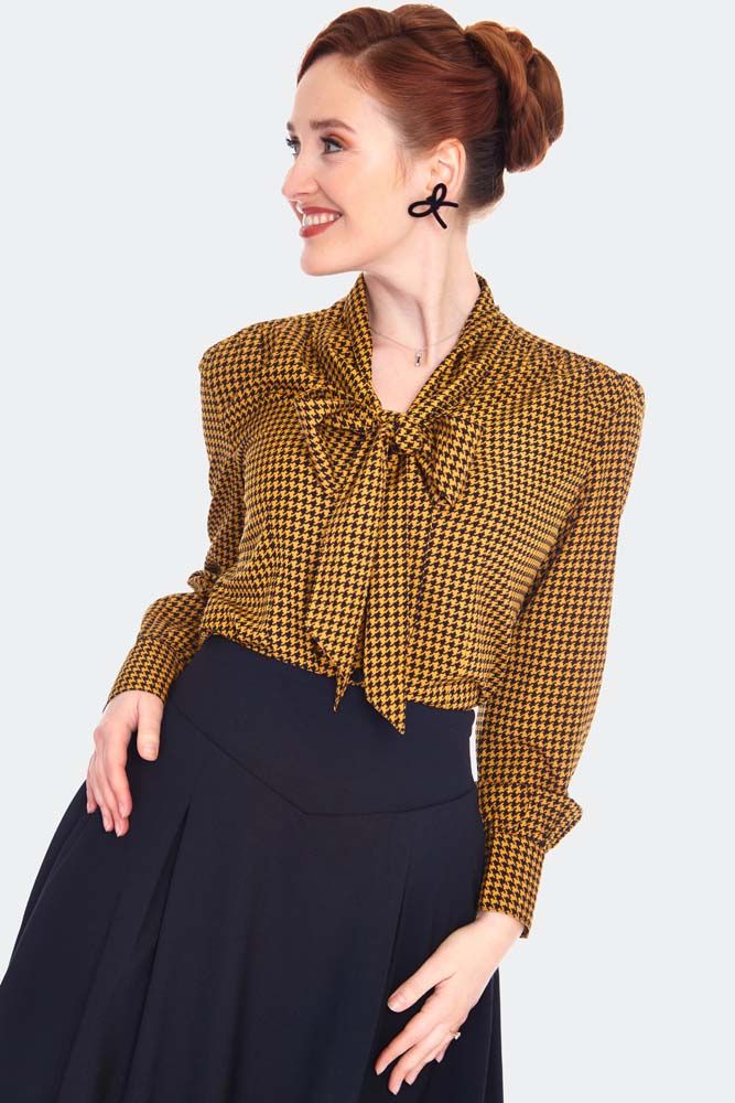 Black And Mustard Houndstooth Pussybow Blouse