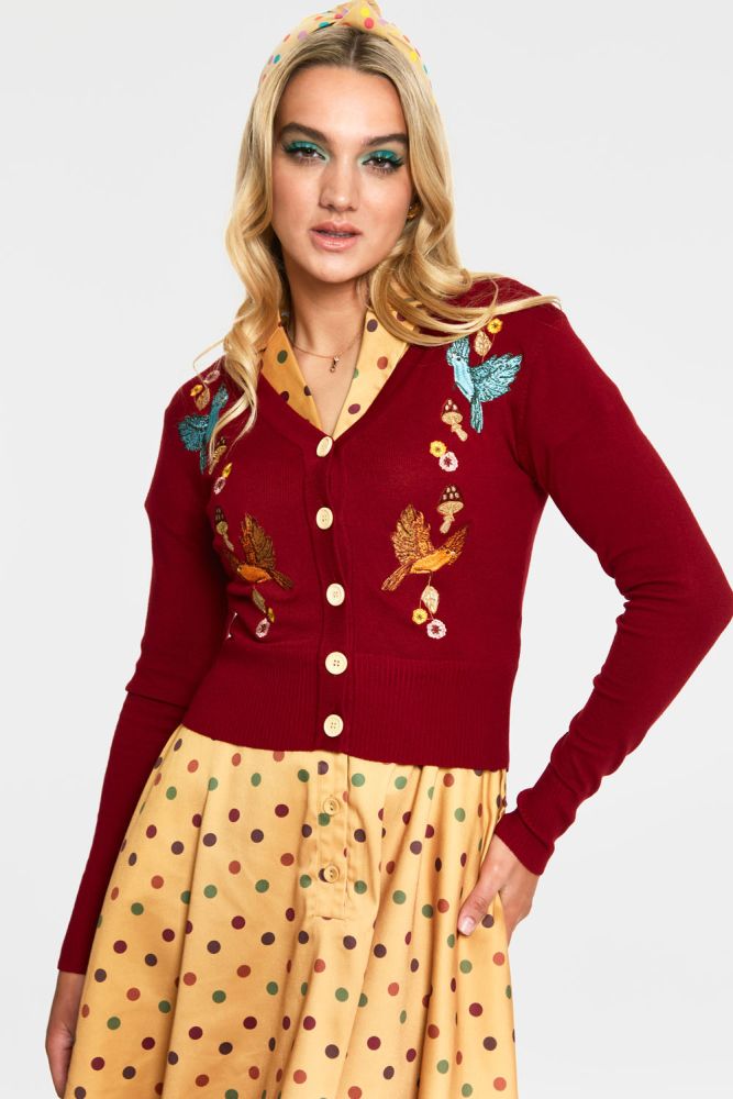 RED WOODLAND EMBROIDERED CARDIGAN