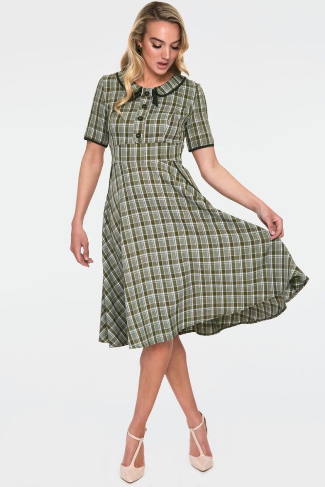 CHECKED COLLAR FLARE DRESS