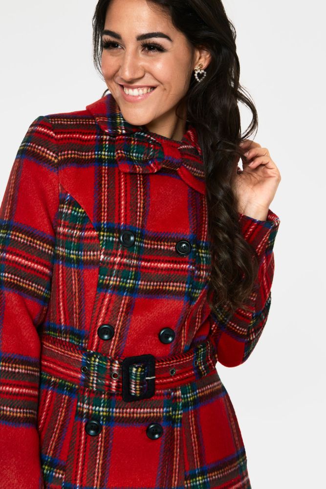 Margaret Red Plaid Curve Coat with Removable Bow