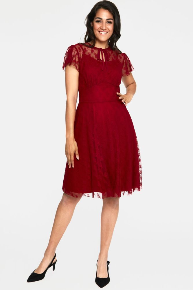 Red Floral LACE FLARE DRESS