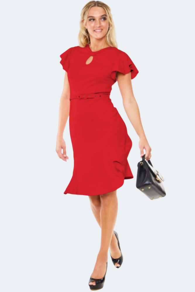 Red Front Keyhole Neck Flare Dress