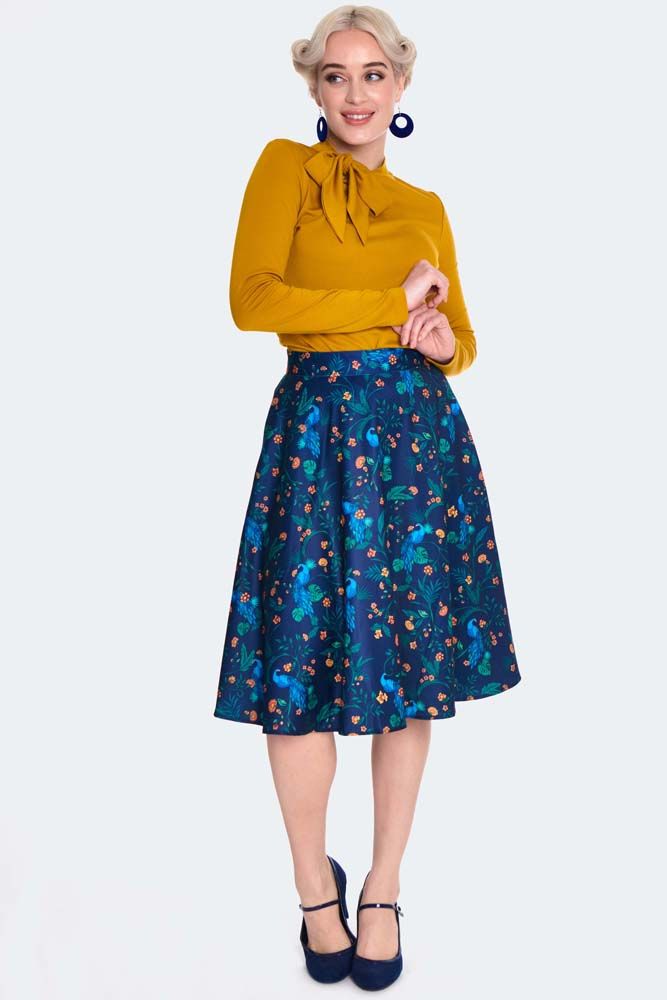 Peacock Floral Print Flare Skirt