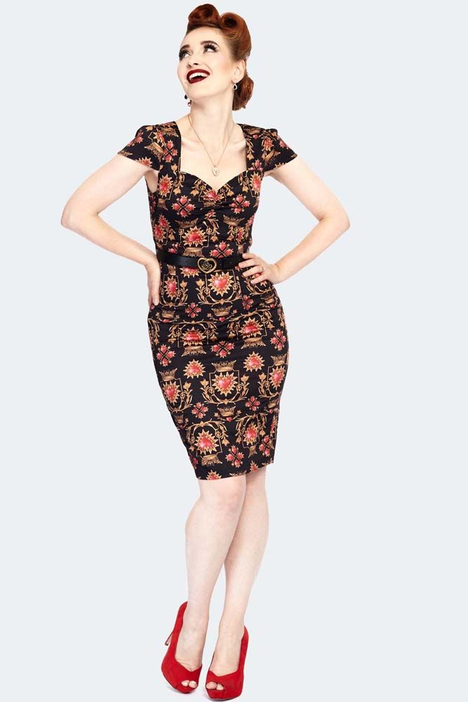 Queen Of Hearts Print Belted Pencil Dress