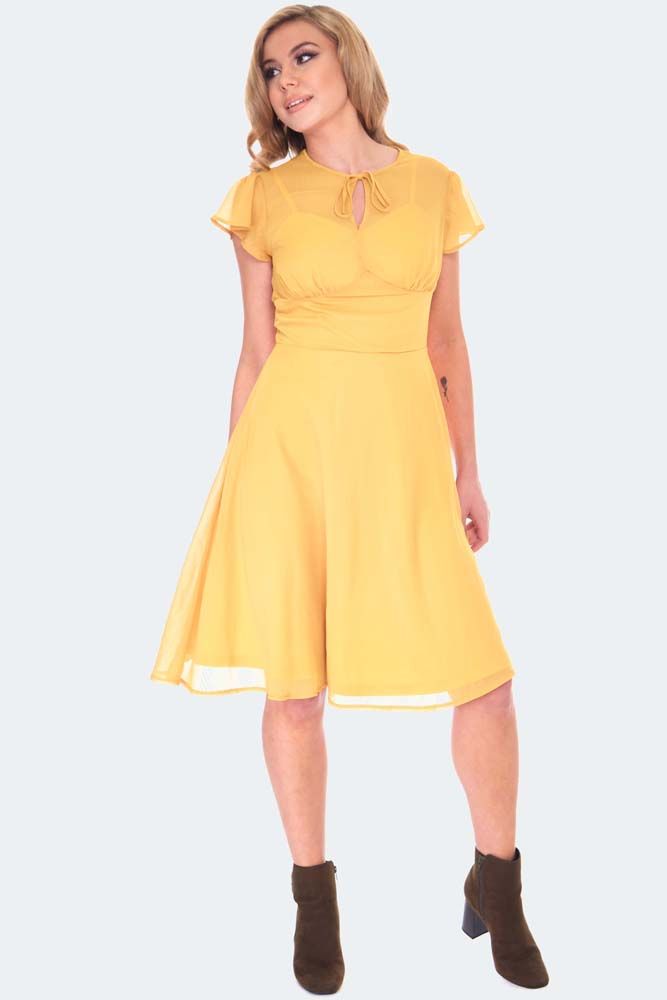 YELLOW TIE NECK LACE FLARE DRESS 