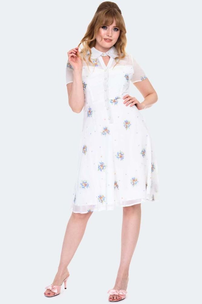 White Chiffon Floral Embroidered Flare Dress