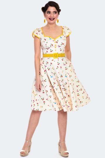 Cap Sleeve Cherry Print Flare Dress