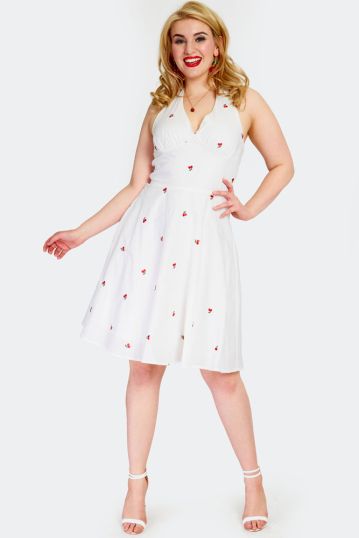 Winnie Cherry Print White Halter Neck Flare Dress