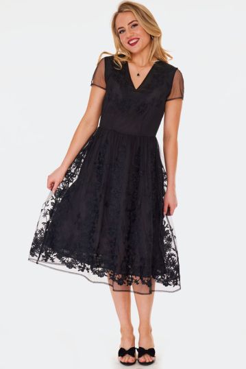 Black Floral Embroidered Evening Dress