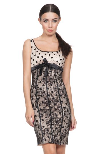Polka Dot Lace Overlay Fitted Dress