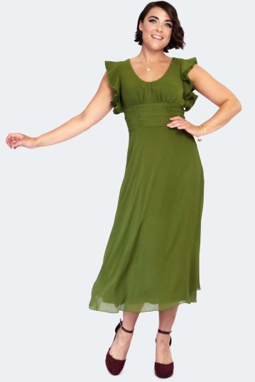 Olive Ruffled Butterfly Sleeves Flare Dress