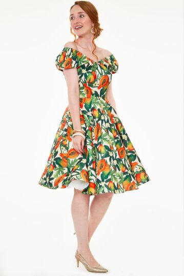 Cherie Tropical fruit print flare dress