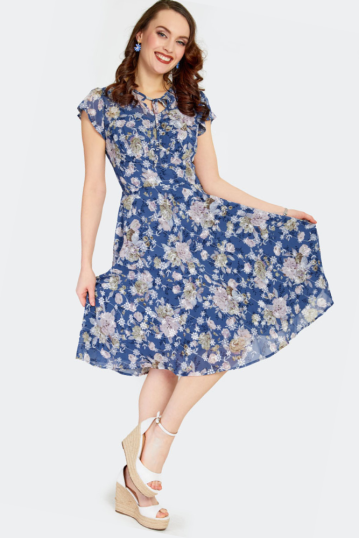 Floral Embroidery Chiffon Flutter Sleeve Flare Dress