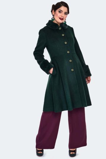 Fur Trim Flare Coat in Green