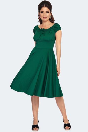 Green Gathered Neckline Flare Dress