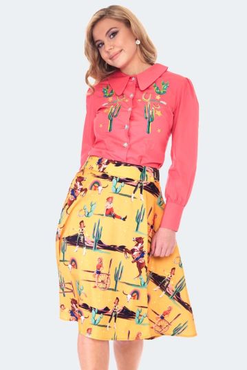 Retro Cowgirl Print Flare Skirt
