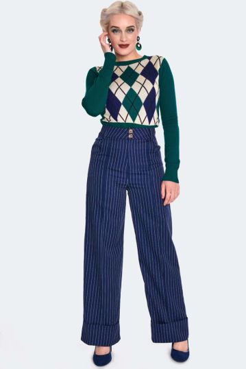 Navy Pinstripe Turn Up Trousers