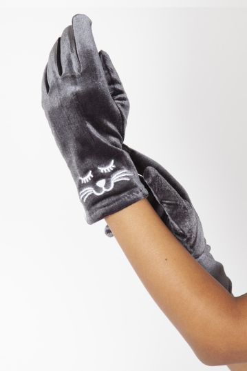 Kitty Grey Velvet Gloves