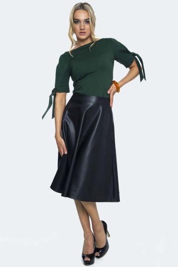 Bushra Black Faux Leather Flare Skirt