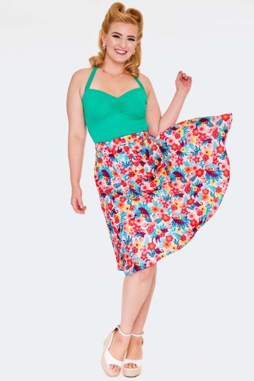 Floral Cat Print Flare Skirt