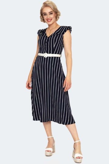 Stripe Wide Collar Midi Flare Dress