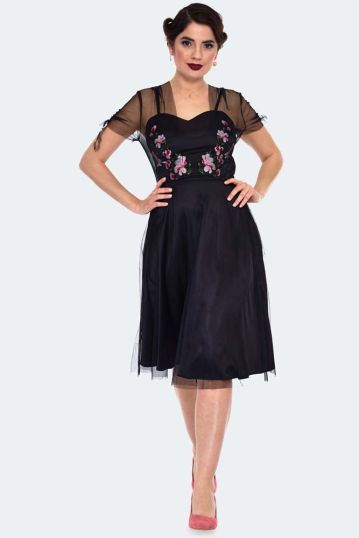 Zoe Black Floral Emboidery Flare Dress