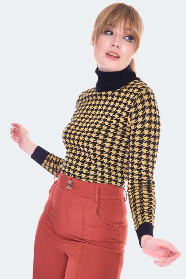 Mustard And Black Houndstooth Rollneck Sweater