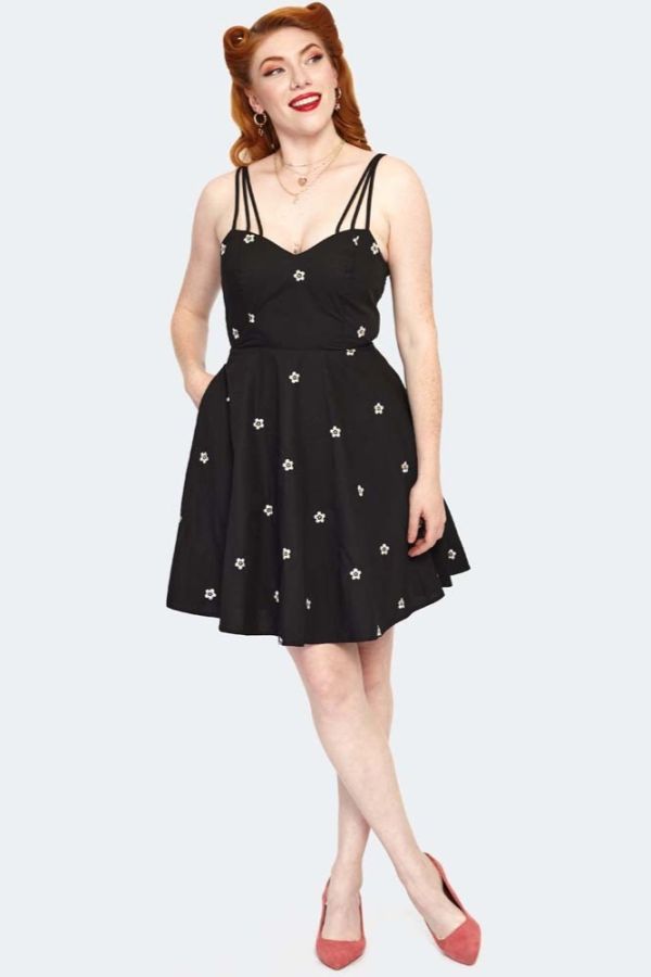 Daisy Embroidery Strappy Flare dress