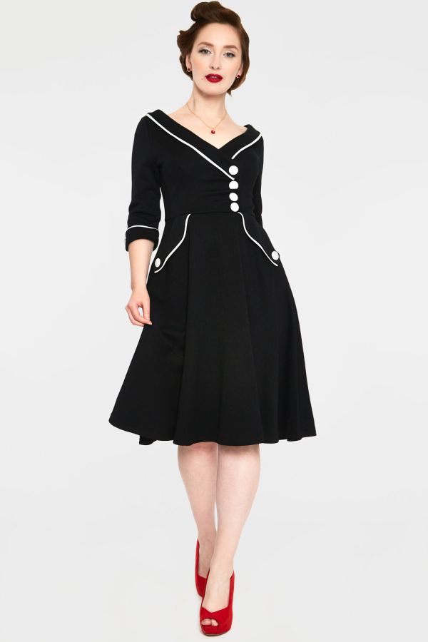 Marica 1950s Black Herringbone Wide Collar Flared Dress