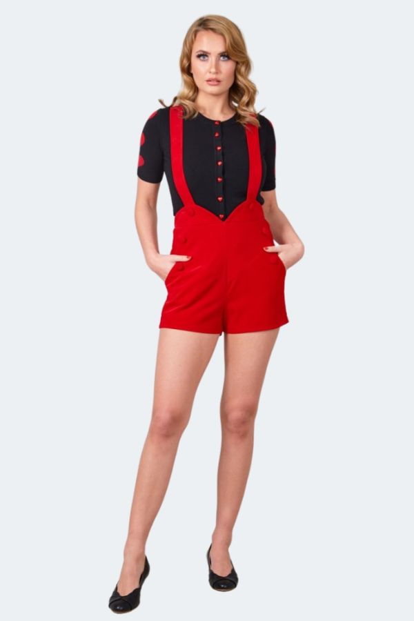 Red Rosalie Corduroy Shorts with Button Detail