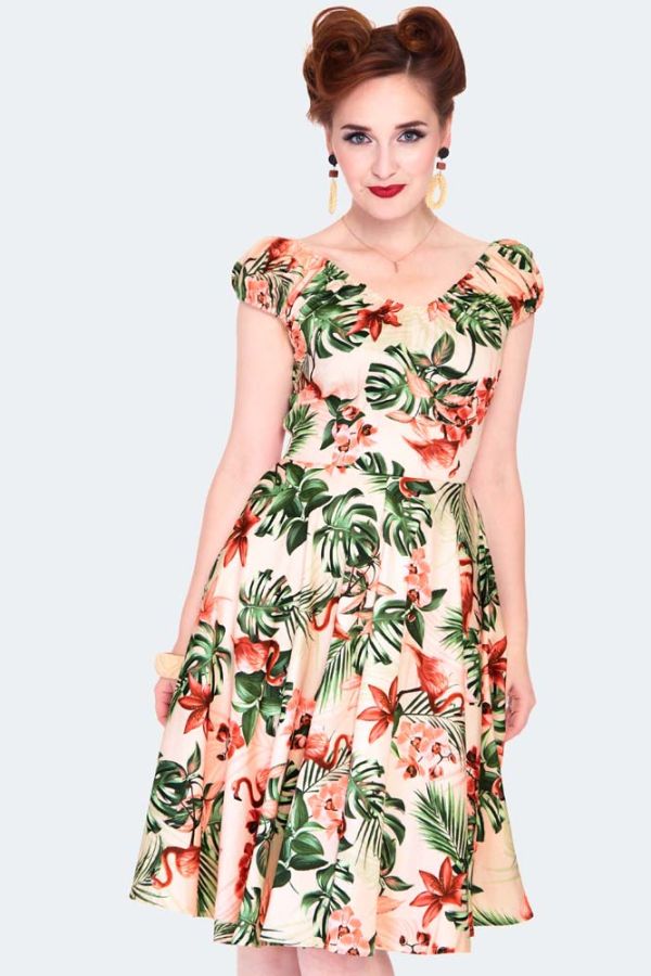 Tropical flammingo print off shoulder flare dress