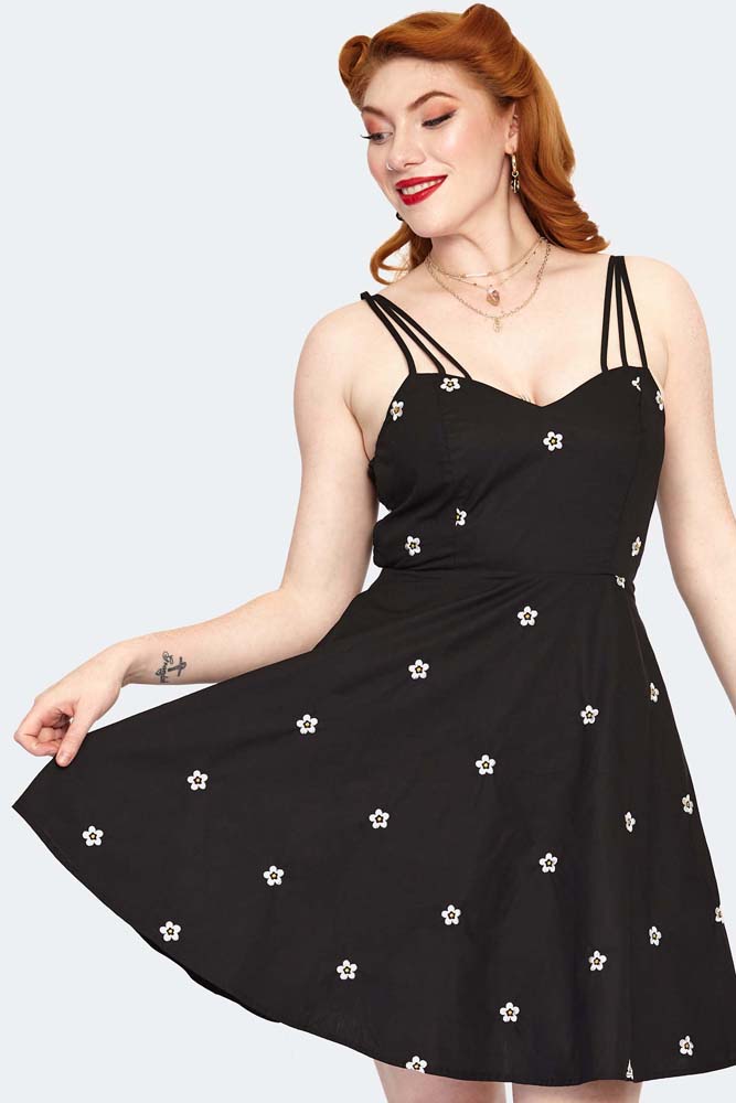 Daisy Embroidery Strappy Flare dress
