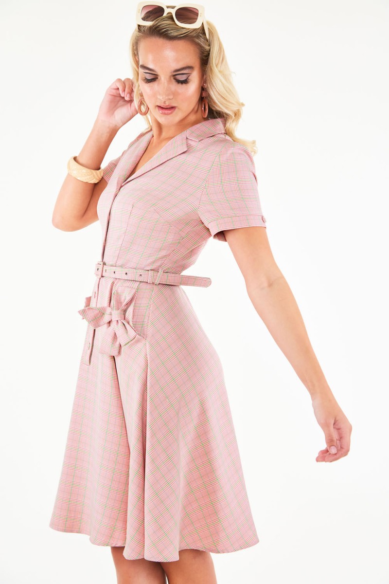 Kenzy Plaid bow pocket button up flare dress