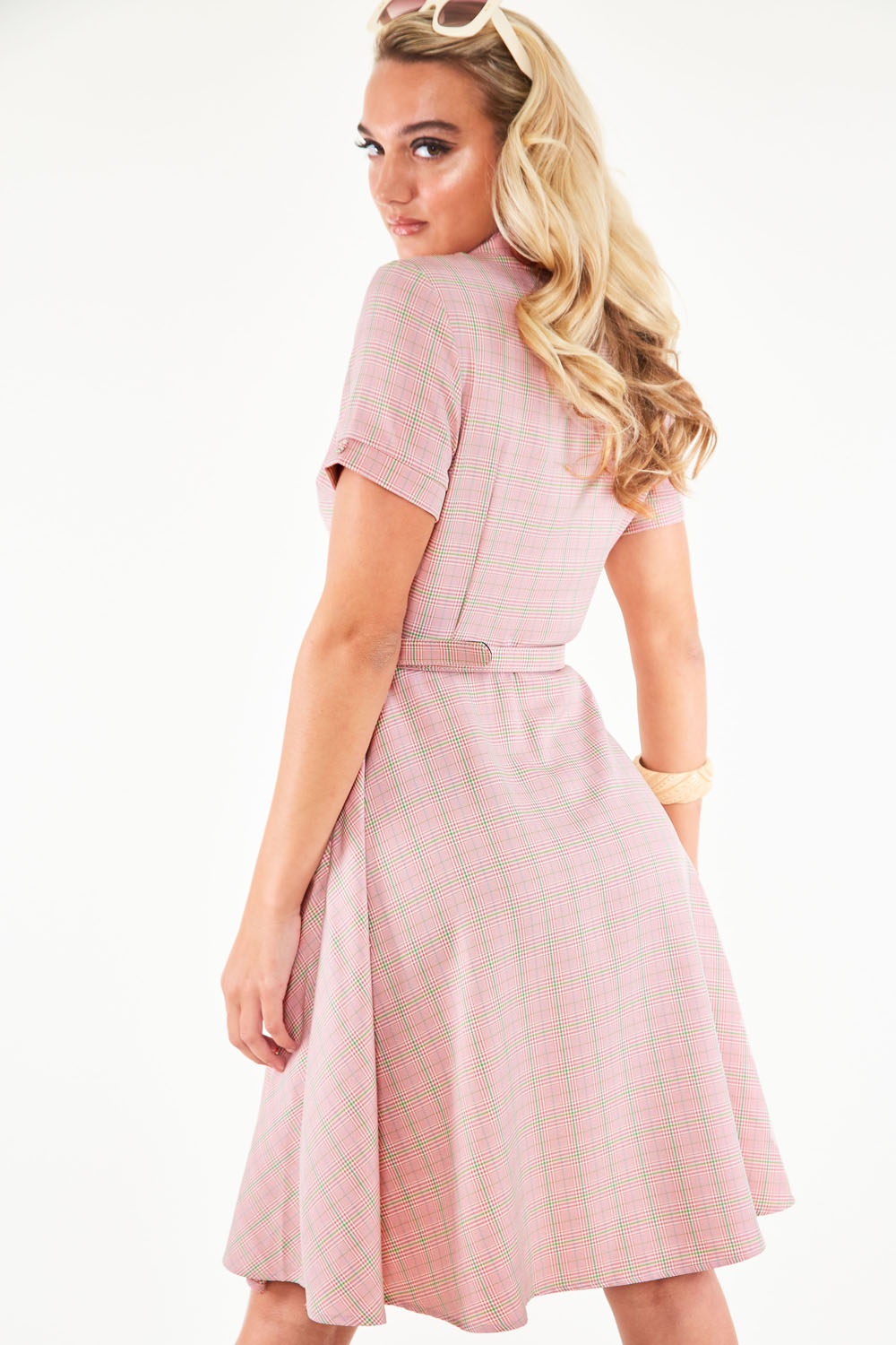Kenzy Plaid bow pocket button up flare dress