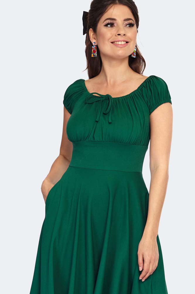Green Gathered Neckline Flare Dress
