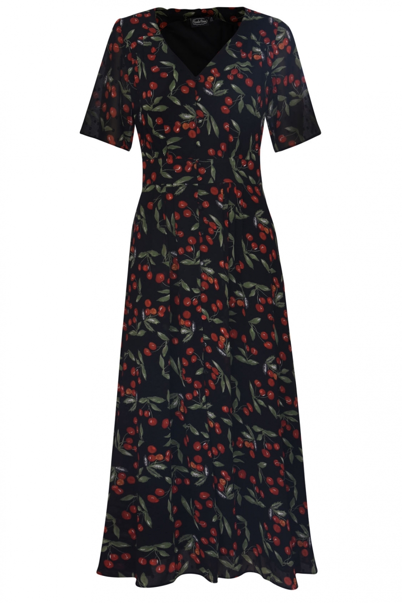 Leona Cherry Print Black Flare Tea Dress